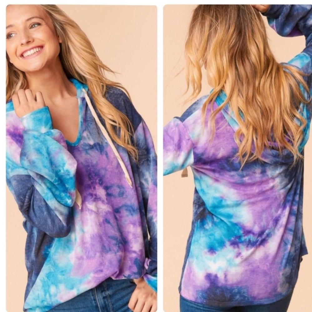 Purple, Blue & Teal Tie Dye Velour Plush Bubble Sleeve Hoodie